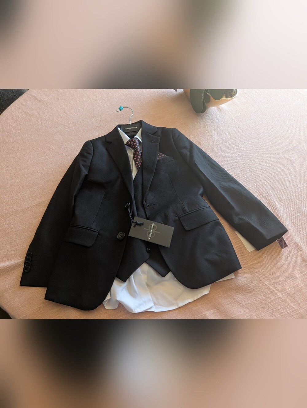 Isaac Mizrahi Boys Black Blazer Suit Set with White Shirt and Burgundy Tie